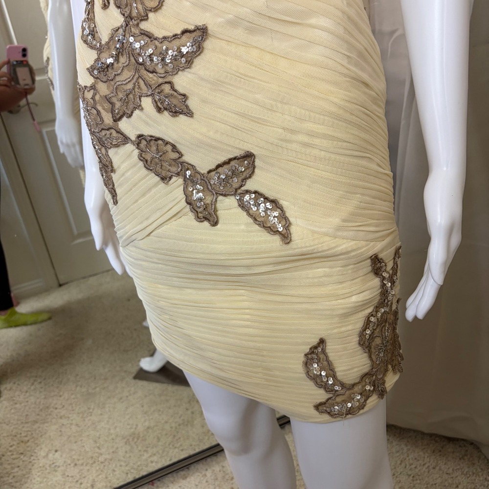 Sue Wong One Shoulder Cream Champagne Sequin Lace Pleated Cocktail Mini Dress - Picture 3 of 9